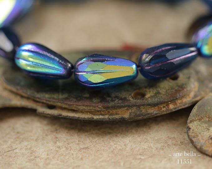 New .. MYSTIC SAPPHIRE DROPS .. 10 Premium Matte Czech Glass Faceted Melon Drop Beads 15x8mm (11551-st) .. jewelry supplies