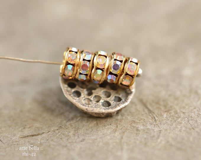 NEW .. 12 Premium Czech 7mm Gold Metal Crystal AB Rhinestone Rondelles (rhi-42/12) .. jewelry making supplies