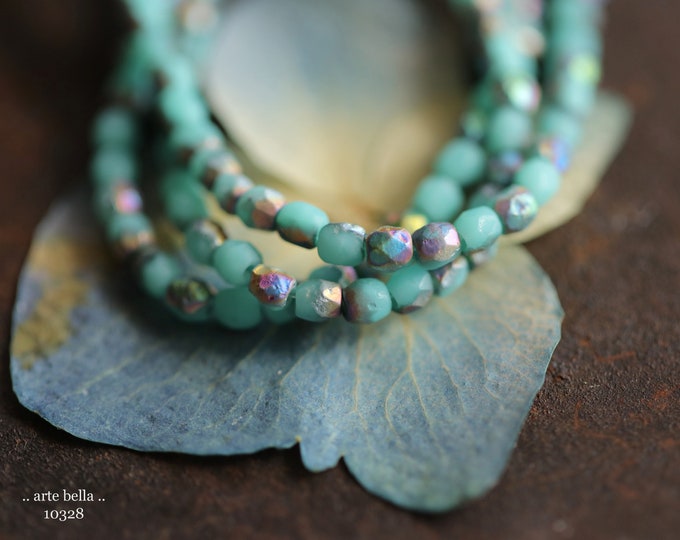 MYSTIC MINT BITS .. 50 Premium Etched Czech Glass Faceted Beads 3mm (10328-st) .. jewelry supplies