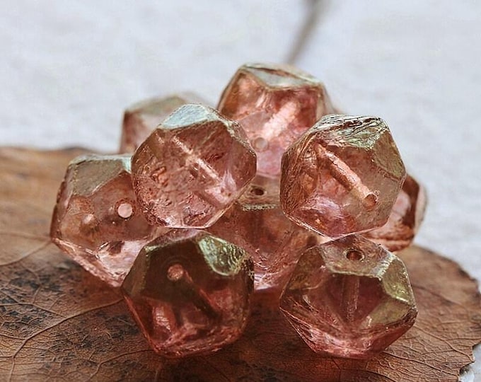 back in stock .. GOLDEN BLUSH NUGGETS .. 15 Premium Etched Czech Glass Faceted English Cut Beads 10mm (8850-st) .. jewelry supplies