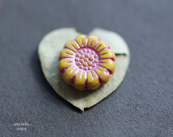 PINK CHARTREUSE SUNFLOWERS .. New 6 Premium Czech Glass Flower Beads 13mm (10373-6) .. jewelry supplies