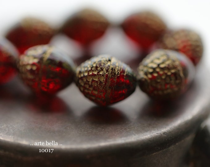 back in stock .. GOLDEN RUBY ACORNS .. 8 Premium Picasso Czech Glass Acorn Beads 12x10mm (10017-st) .. jewelry supplies