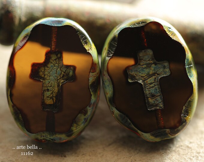 New .. SMOKEY TOPAZ CROSSES No. 2 .. 2 Premium Picasso Czech Glass Oval Cross Bead Mix 25x19mm (11162-2) .. jewelry making supplies