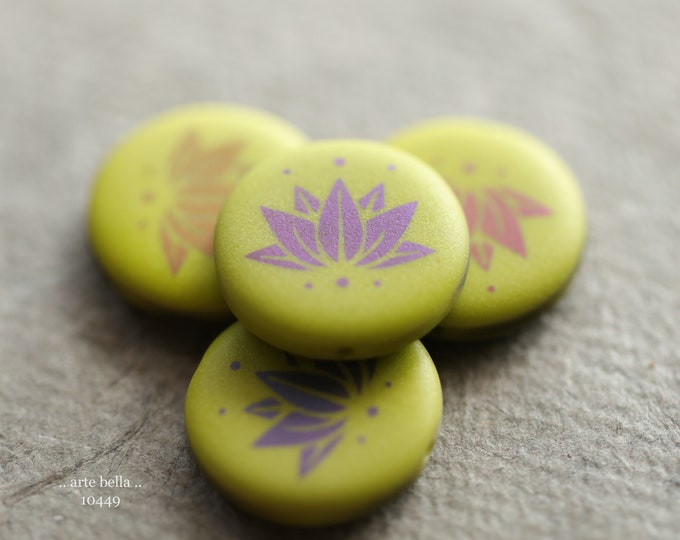 CHARTREUSE LOTUS COINS .. New 4 Premium Matte Czech Glass Laser Etched Lotus Coin Bead Mix 17mm (10449-4)