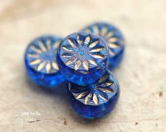 GOLDEN COBALT ASTERS .. 6 Premium Czech Glass Aster Flower Coin Beads 12mm (9993-6)