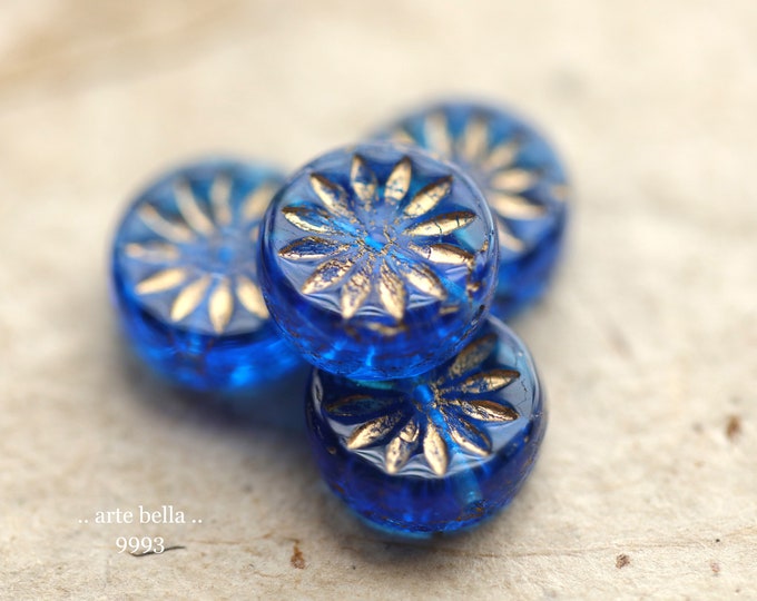 GOLDEN COBALT ASTERS .. 6 Premium Czech Glass Aster Flower Coin Beads 12mm (9993-6)