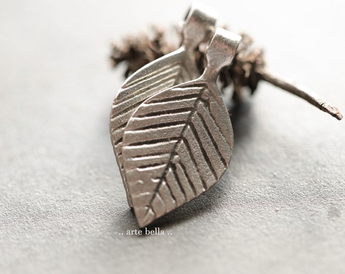 PEWTER PATINA LEAVES .. 2 Mykonos Greek Leaf Pendant Charms 29x14mm (M276-2) .. jewelry supplies