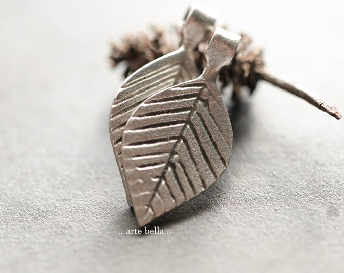 PEWTER PATINA LEAVES .. 2 Mykonos Greek Leaf Pendant Charms 29x14mm (M276-2)