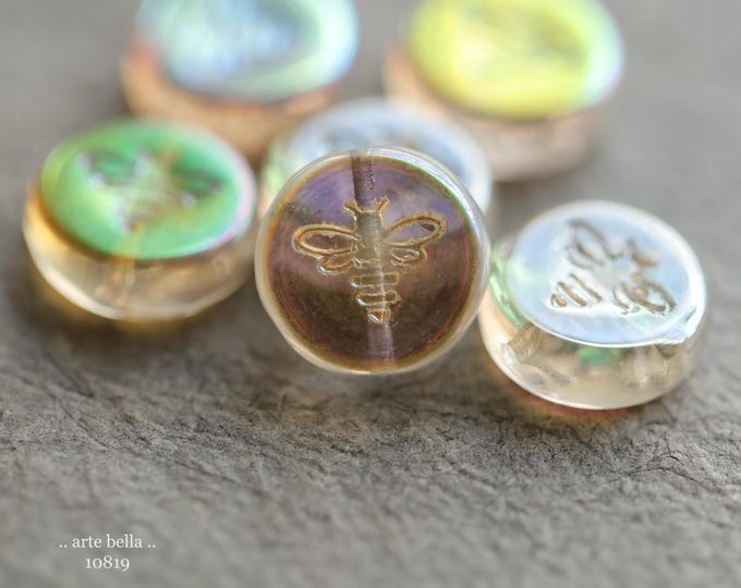 GOLDEN MYSTIC BIZZY B .. 6 Premium Czech Glass Bee Coin Bead Mix 12mm (10819-6) .. jewelry supplies