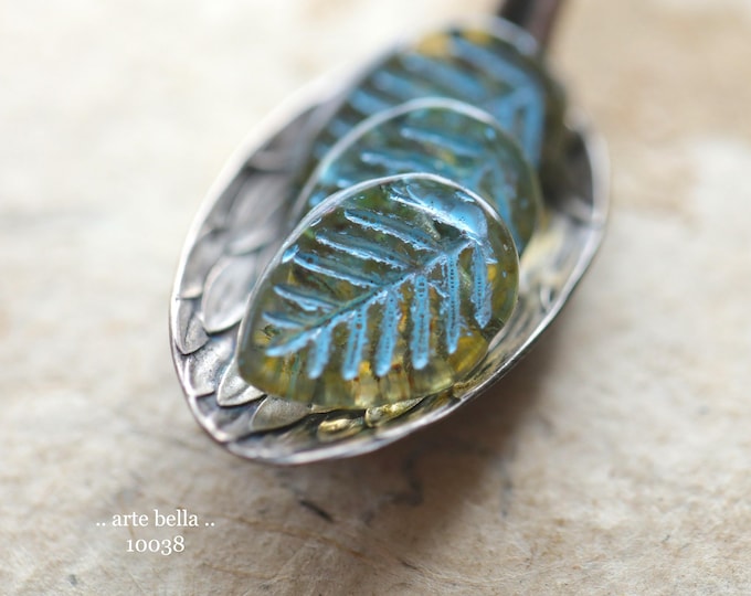 back in stock .. BLUE HONEY LEAVES .. 8 Premium Picasso Czech Glass Dogwood Leaf Beads 12x16mm (10038-8) .. jewelry supplies
