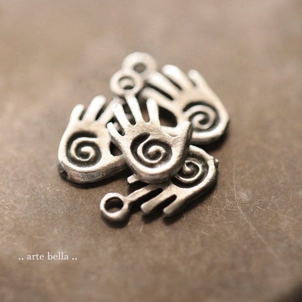 PEWTER HANDS No. 290 .. 4 Mykonos Tiny Greek Spiral Hand Charms 10mm (M290-4) .. jewelry supplies
