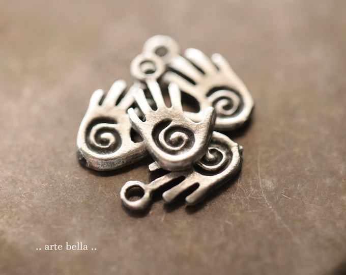 PEWTER HANDS No. 290 .. 4 Mykonos Tiny Greek Spiral Hand Charms 10mm (M290-4)