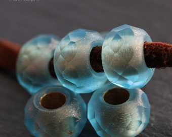 premium glass beads .. BLUE ICE ROLLERS .. 6 Matte Czech Glass Large Hole Rondelle Beads 8x12mm (4347-6) .. jewelry supplies