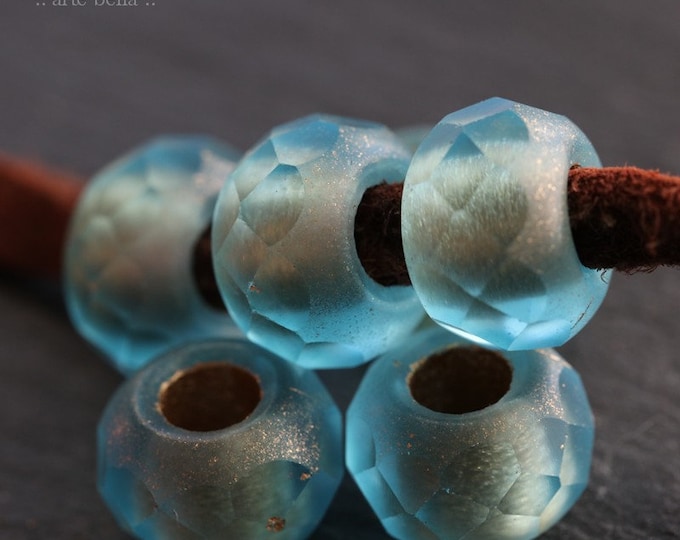 BLUE ICE ROLLERS .. 6 Premium Matte Czech Glass Large Hole Rondelle Beads 8x12mm (4347-6)