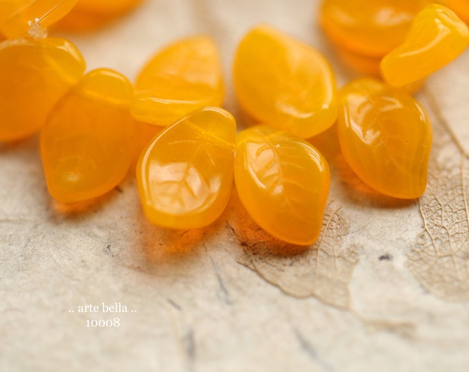 JUICY ORANGE LEAVES .. 25 Premium Czech Glass Leaf Beads 15x10mm (10008-st) .. jewelry supplies