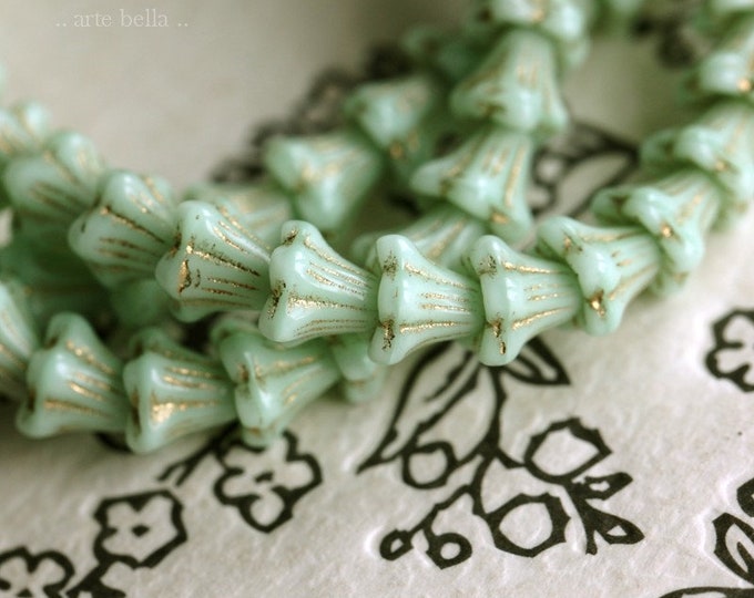 back in stock .. GILDED MINT BELLS .. 30 Premium Czech Glass Baby Bell Flower Bead 5x6mm (7253-st) .. jewelry supplies