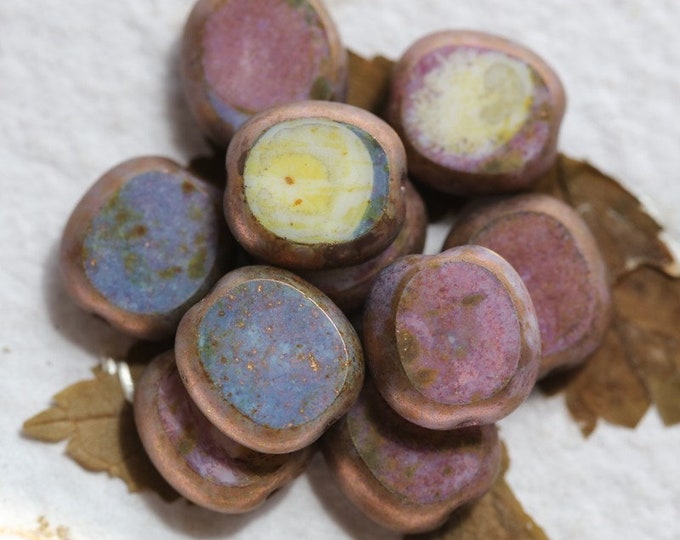 BOYSENBERRY CREAM TABLETS .. 10 Premium Picasso Czech Glass Oval Coin Beads 10x9mm (8129-10)