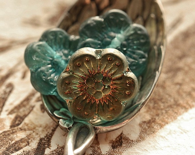 BRONZED TEAL ROSES .. 6 Premium Matte Czech Glass Wild Rose Beads 14mm (8855-6) .. jewelry supplies