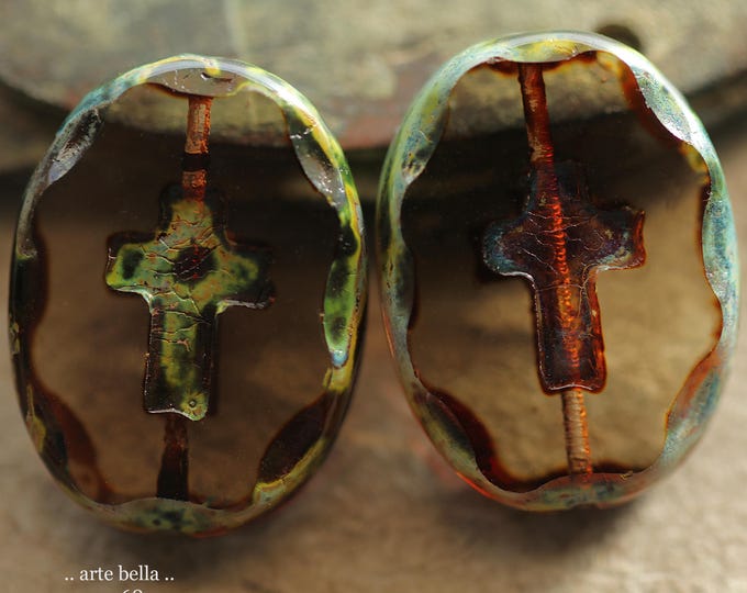 New .. EARTHY FAWN CROSSES .. 2 Premium Picasso Czech Glass Oval Cross Bead Mix 25x19mm (11168-2) .. jewelry making supplies