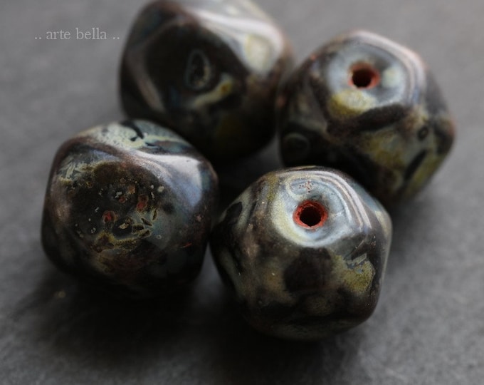last ones .. MIDNIGHT PLUMPS .. 4 Premium Picasso Czech Glass Nugget Beads 16mm (6429-4)