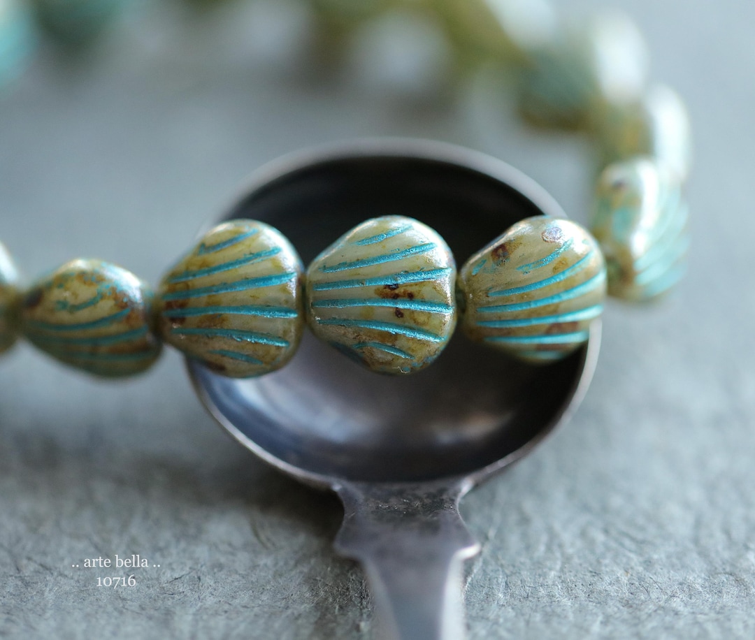 EARTHY SAGE Bebe SHELLS .. 15 Picasso Czech Glass Shell Beads 9mm ...