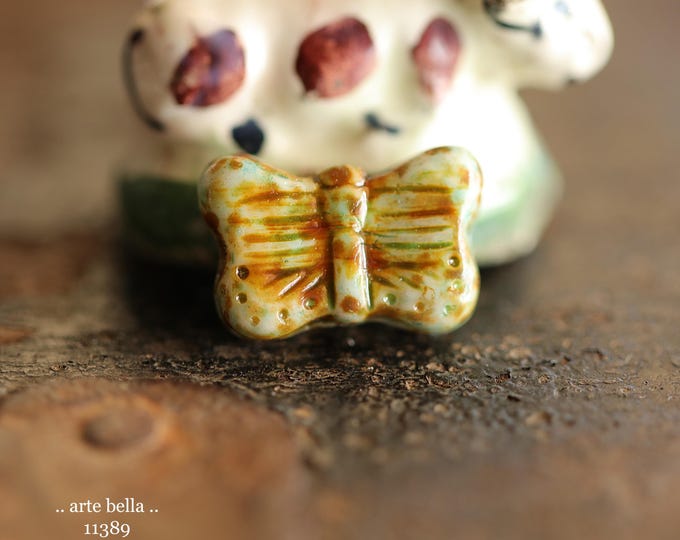 New .. EARTHY MINT FLUTTERS .. 10 Picasso Czech Glass Butterfly Beads 11x16mm (11389-st) .. jewelry supplies