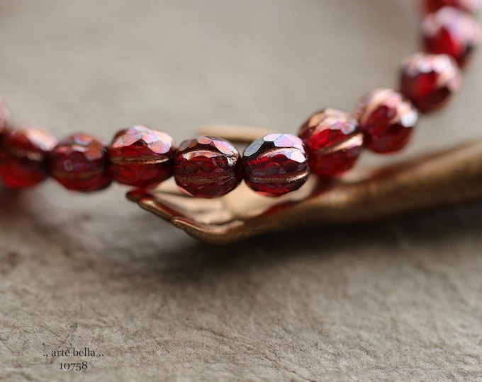 COPPERED RUBY GLITZ 6mm .. New 25 Premium Luster Czech Glass Faceted Melon Beads (10758-st) .. jewelry supplies