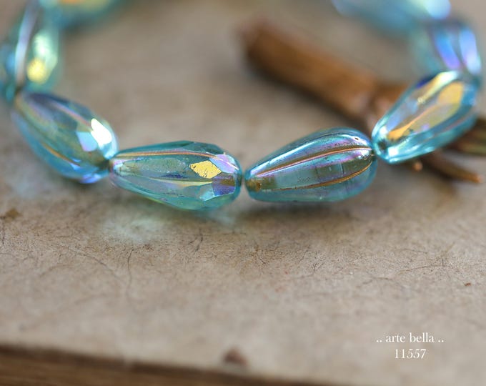 New .. MYSTIC SKY DROPS .. 10 Premium Czech Glass Faceted Melon Drop Beads 15x8mm (11557-st) .. jewelry supplies