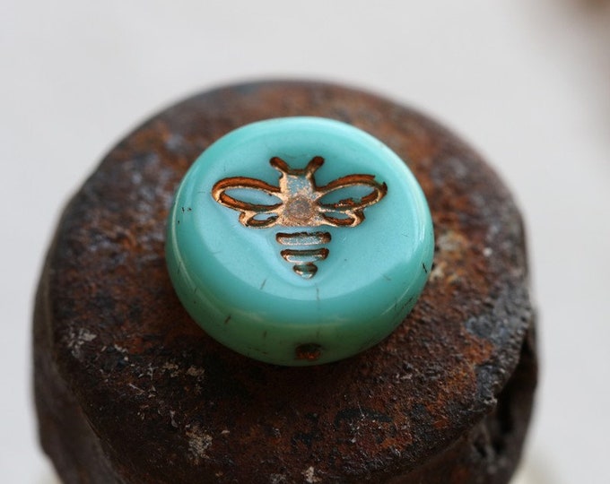 BRONZED TURQUOISE BIZZY B .. 6 Premium Czech Glass Bee Coin Beads 12mm (8465-6) .. jewelry supplies