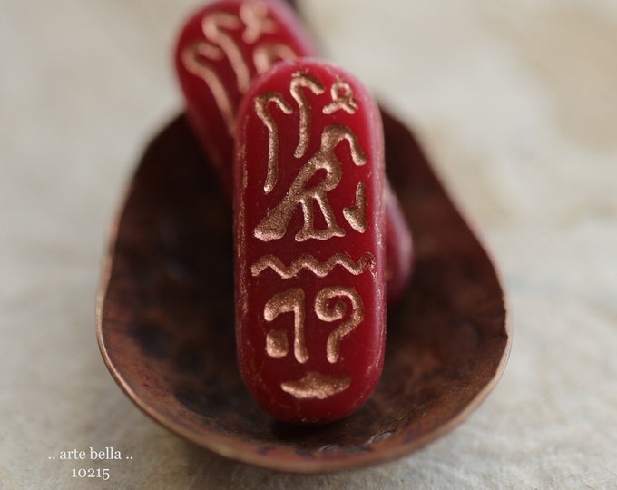 COPPERED RED EGYPTIAN Cartouche .. 6 Premium Matte Czech Glass Tablet Beads 25x10mm (10215-st) .. jewelry supplies