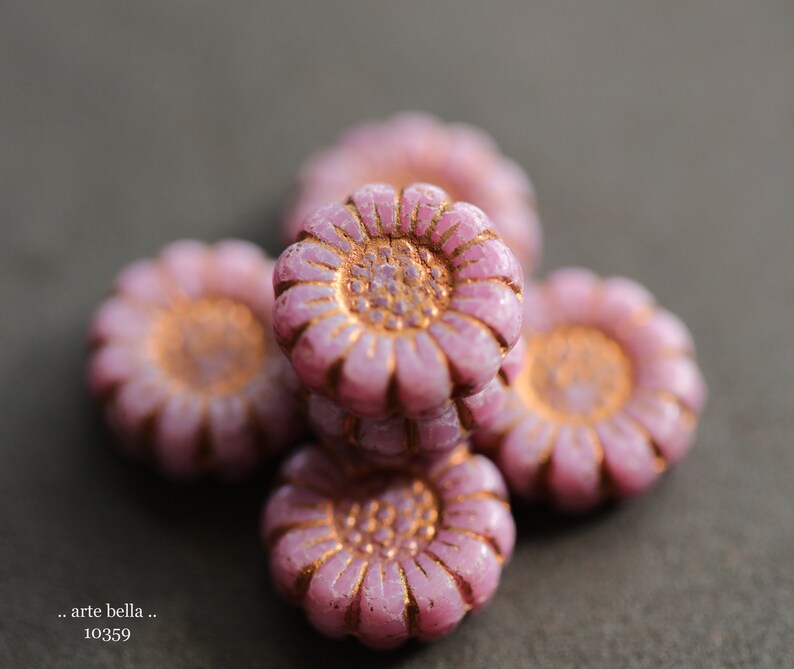 COPPERED PINK SUNFLOWERS .. New 6 Premium Czech Glass Flower Beads 13mm 10359-6 .. jewelry supplies image 5