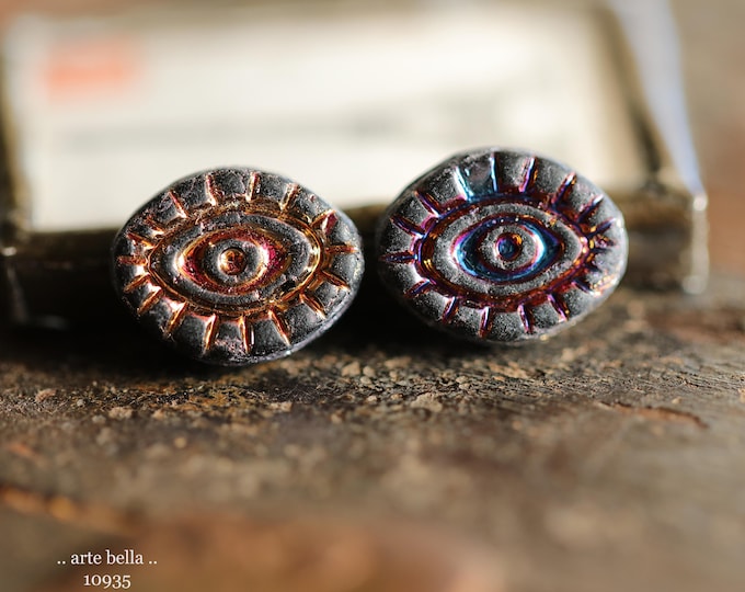 MYSTIC BLACK PEEPERS .. New 6 Premium Matte Czech Glass Mystic Eye Beads 14x11mm (10935-6) .. jewelry supplies