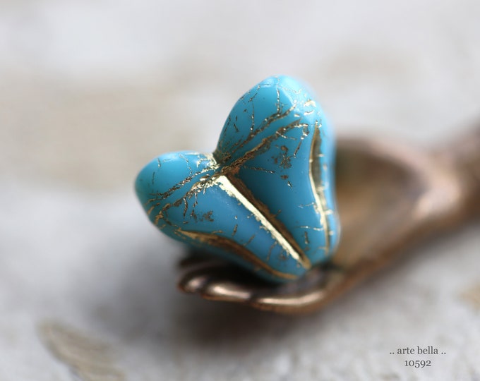GOLDEN TURQUOISE BELLS No. 2 .. 4 Premium Czech Glass Bell Flower Beads 11x9x13mm (10592-4) .. jewelry supplies