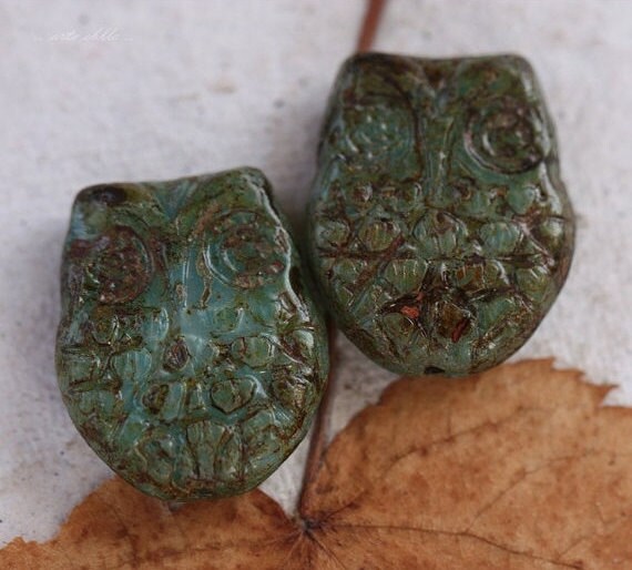 EARTHY BLUE  HOOTS .. 4 Premium Picasso Czech Glass Owl Beads 18x15mm…
