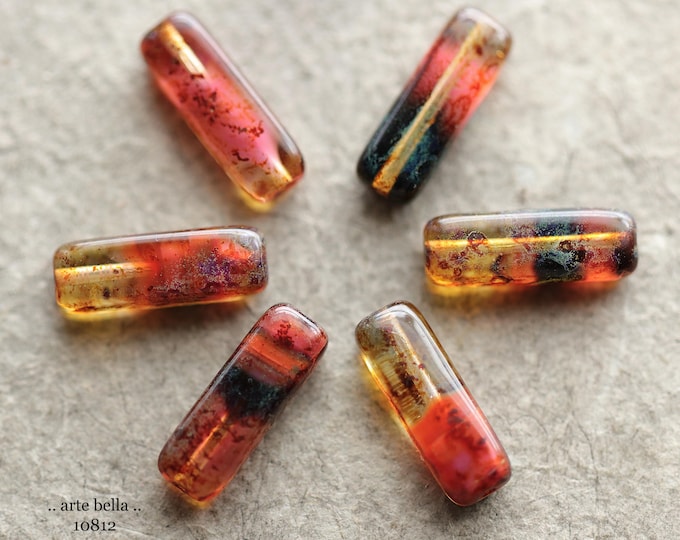 EARTHY TORTOISE STICK Mix .. New 14 Premium Picasso Czech Glass Rectangle Tube Beads 15x5mm (10812-st) .. jewelry supplies