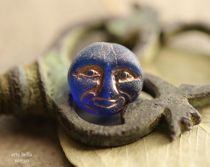 BLUSHING COBALT MOONS .. New 6 Premium Matte Czech Glass Moon Face Beads 13mm (10830-6) .. jewelry supplies