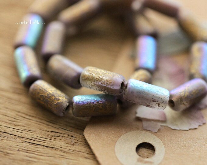 back in stock .. GOLDEN MYSTIC LAVENDER Tubes .. 10 Premium Etched Czech Glass Tube Beads 14x7mm (9621-st) .. jewelry supplies