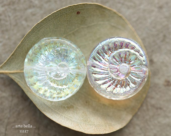 premium glass beads .. MYSTIC FAIRY FOSSILS .. New 4 Czech Glass Spiral Fossil Beads 19mm (11117-4) .. jewelry making supplies