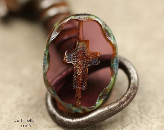 New .. EARTHY LAVENDER CROSSES .. 2 Premium Picasso Czech Glass Oval Cross Bead Mix 25x19mm (11166-2) .. jewelry making supplies