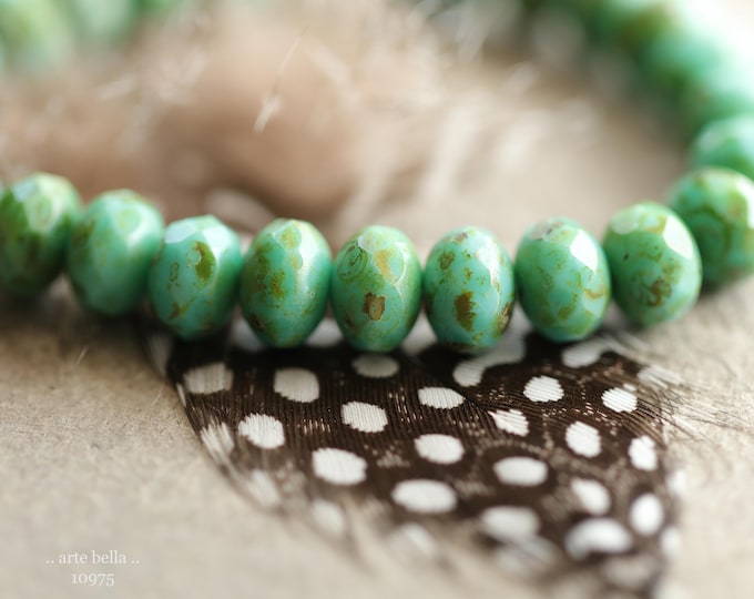 TURQUOISE MOSS .. New 25 Premium Picasso Czech Glass Faceted Rondelle Beads 6x8mm (10975-st) .. jewelry supplies