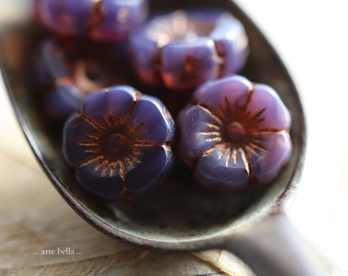 BRONZED GRAPE PANSY .. 6 Premium Czech Glass Hibiscus Flower Beads 12mm (9177-6) .. jewelry supplies