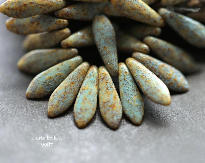 back in stock .. BLUE SAND DAGGERS .. 50 Premium Rustic Etched Picasso Czech Glass Dagger Beads 5x16mm (9987-st) .. jewelry supplies