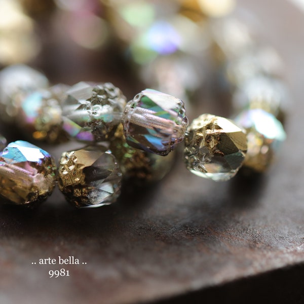 GOLDEN MYSTIC CATHEDRALS .. 15 Premium Czech Glass Faceted Cathedral Beads 8mm (9981-st) .. jewelry supplies