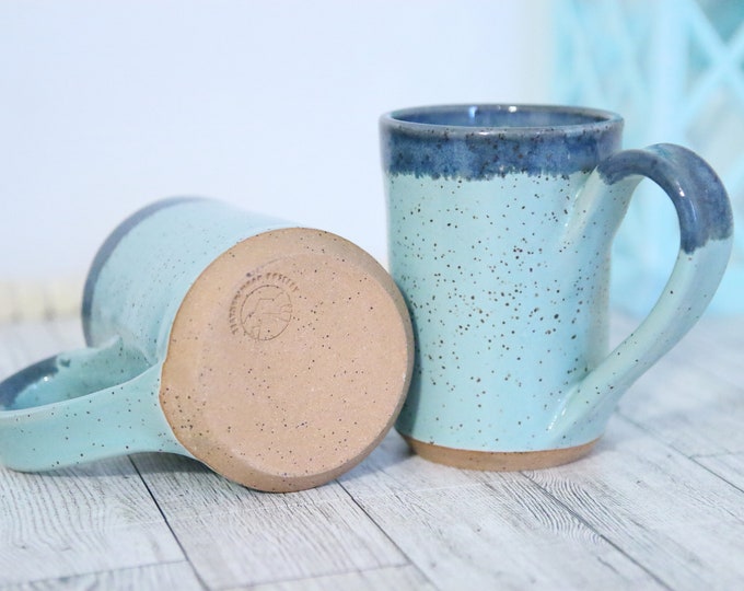 Handcrafted Green and Blue Ceramic Coffee Mug - 10oz Capacity