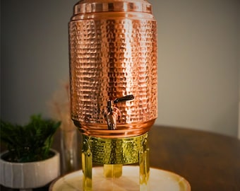 Hammered Copper Water Dispenser with Brass Stand - Ayurvedic Wellness Gift