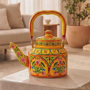 Hand-Painted Madhubani Floral Tea Kettle | Stainless Steel (1L) Gift Box