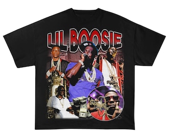 May include: Black t-shirt with a graphic print of Lil Boosie and other people. The text "Lil Boosie" is printed in red and white letters.