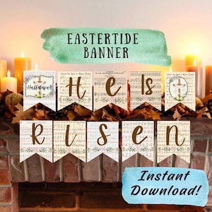 May include: An Eastertide banner with the words "Hallelujah He is Risen" printed on vintage sheet music. The banner is decorated with floral accents and a cross design. The words "Instant Download!" are also visible.