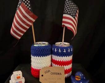 Crocheted USA Flag Can Coolers (Pack of 2), 12oz Drink Holders