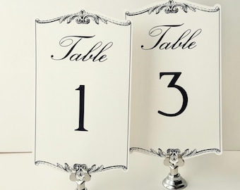 Vintage-inspired Table Number Cards | Ornate black tie Wedding, bridal shower, birthday, event, party guest name cards | custom table decor